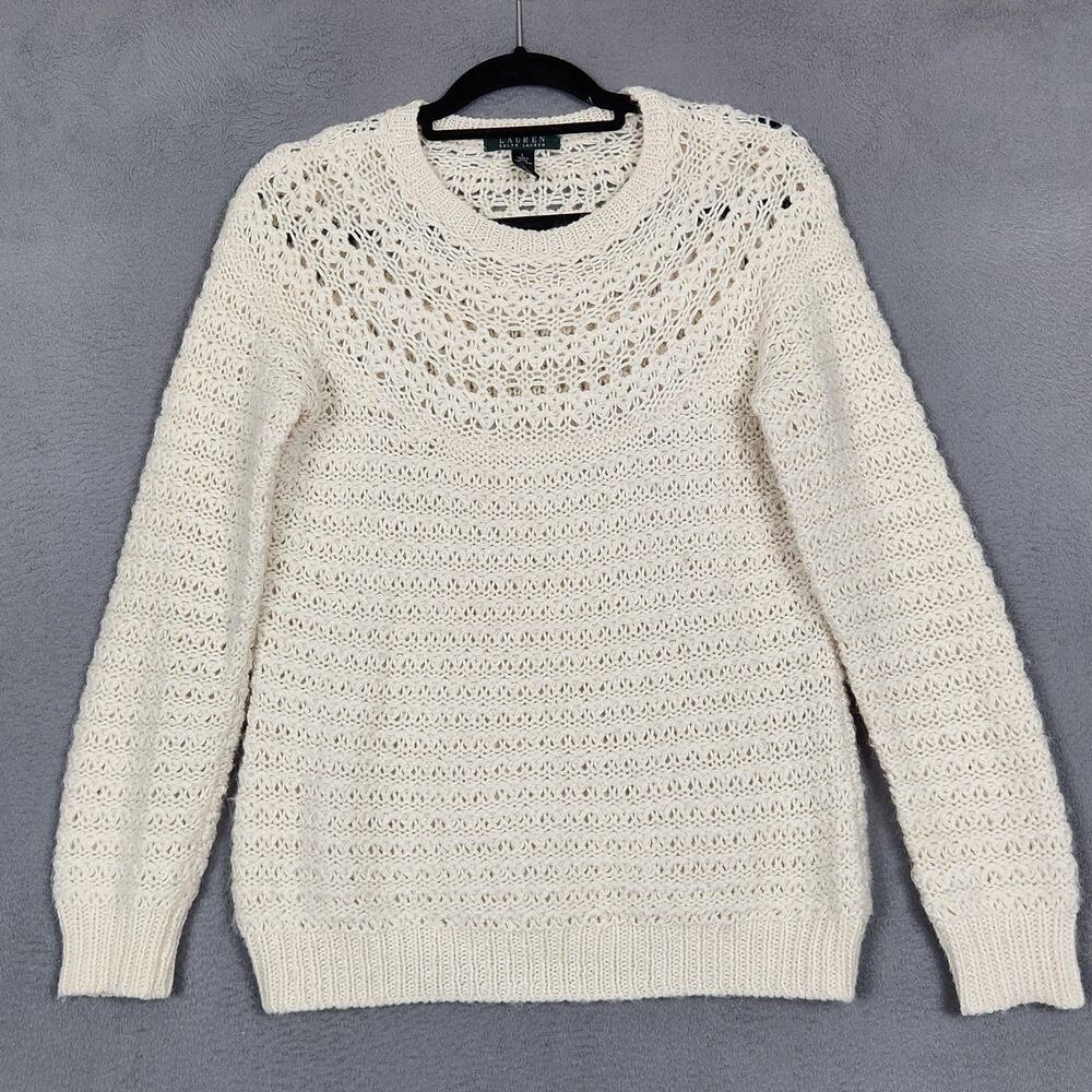 Lauren Ralph Lauren Sweater Womens Large White Alpaca Wool Crochet Knit